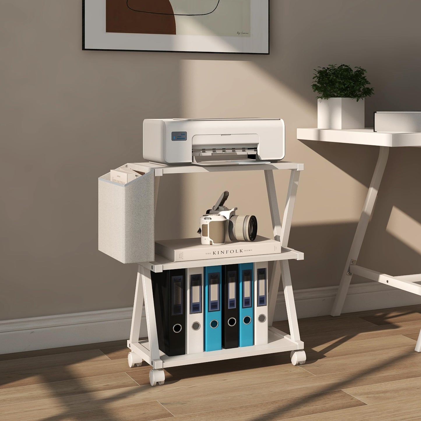 VEDECASA White Mobile Printer Stand 3 Tier Wood Shelf Metal Frame Printer Cart with Storage Bag for Home Office Modern Under Desk Table Side Printer Cart with Rolling Caster Wheel