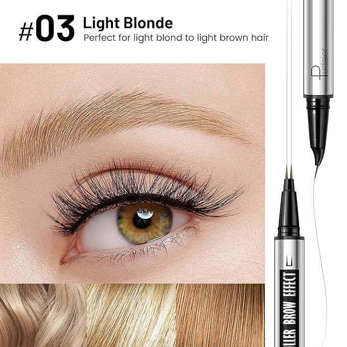 Pudaier 2 Pack 2 Fine Tip Eyebrow Pen, Waterproof Filling Faux Brow Makeup Pencils for Women with Precise Curved Brush-Tip to Fast Create Natural Hair-Like Brows, Last All-Day (Light Blonde)