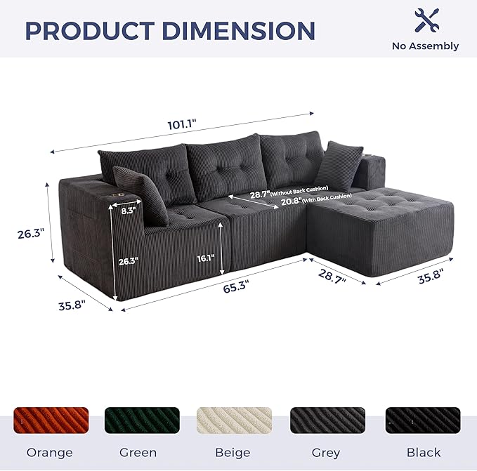 MAXYOYO Modular Sectional Sofa Couch, L Shaped Modern Cloud Couch with Ottoman, Sofa in A Box, Tufted 4-Seat Boneless Sleeper Chair for Living Room, No Assembly Required, Grey