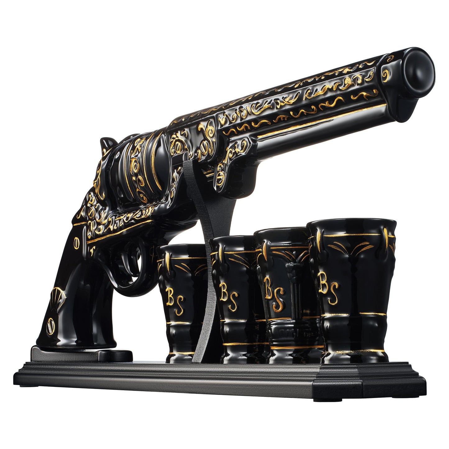 Gifts for Men Dad Hand Painted Pistol Gun Whiskey Decanter Set & Shot Glass - Black & Gold & 4 Bullet Shots - Unique Birthday Fathers Day - Gift for Brother, Cool Anniversary Present Him Husband