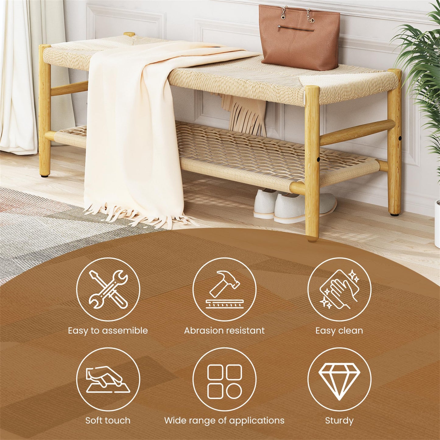 DKLGG Entryway Storage Bench with Mesh Shelf, Indoor Storage Bench Entrance Bench with Paper Cord & Rubber Wood Legs, Narrow Bench Boho Bench Dining Room Bench for Entryway, Living Room, Bedroom