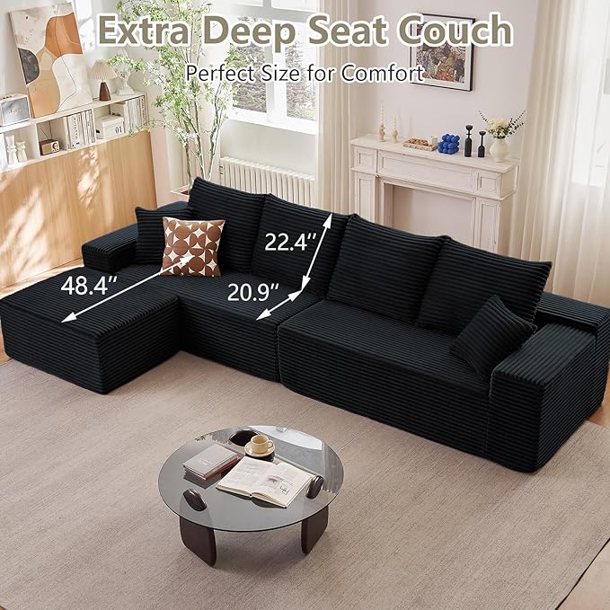 140" Sectional Cloud Couch for Living Room, Modular Floor Deep-Seat Sofa, Big Comfy Corduroy Couches Set with Fluffy Memory Foam, Stupendous L Shaped Sofas, No Assembly Required, Black