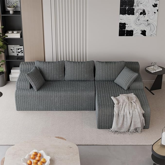LAUSAINT HOME 96" Modular Sectional Sofa Couches, L-Shaped Boneless Cloud Sofa with 3 Deep Seat, 5 Cushiones Oversized Chaise for Living Room, Bedroom, Plush Corduroy Fabric (Right, Grey)