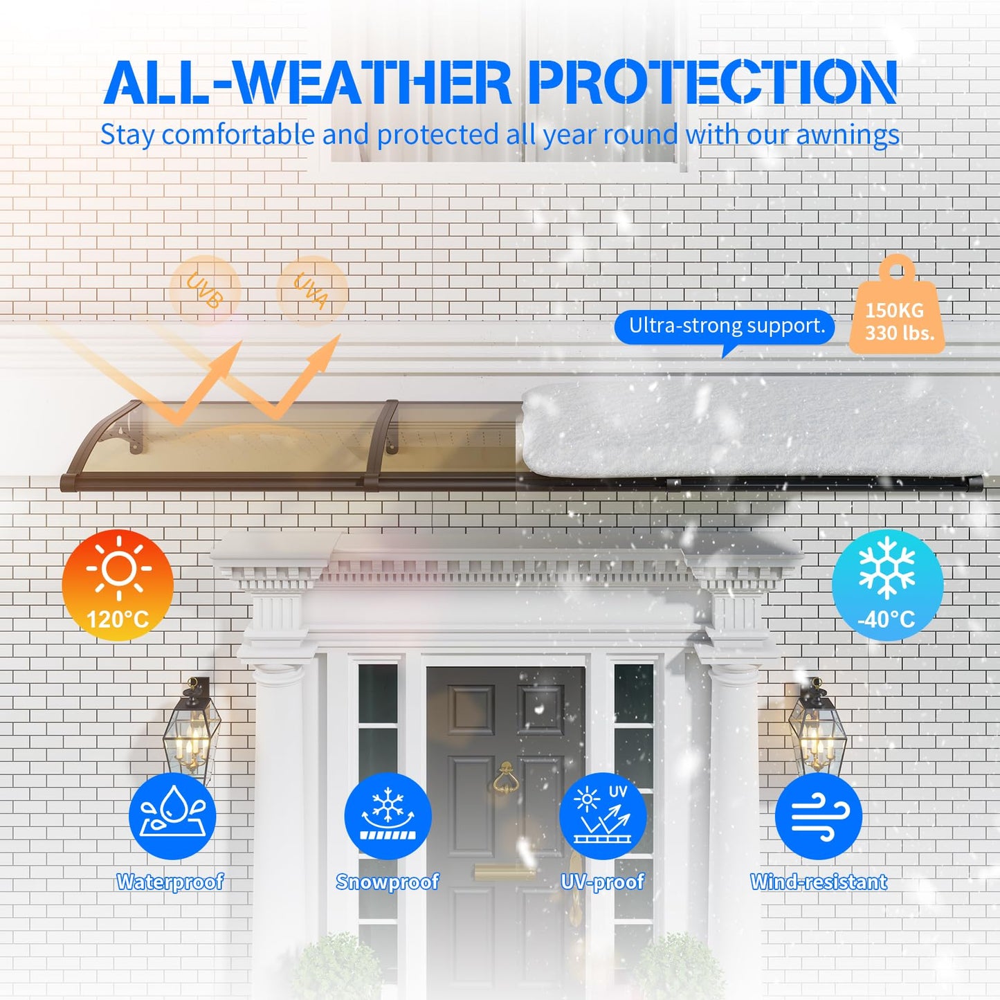 Door Awning Window Canopy Exterior,40x80 Inches Awnings for Doors Polycarbonate Cover Patio Door Awning UV Rain Snow Sunlight Protection Solid Sheet Aluminum Bracket with Sink