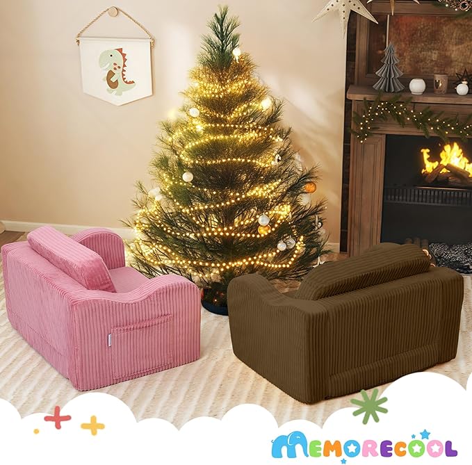 MeMoreCool Toddler Lounge & Sofa Bed Chair – Corduroy, Brown, Ages 1‑3 | 2‑in‑1 Fold‑Out Kids Couch & Pull‑Out Recliner for Playtime, Nap Time & Lounging