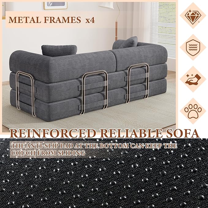 77" Convertible Sofa Bed, Modular Folding Futon Corduroy Floor Foam Compressed Loveseat Sleeper Sofa Couch, Pull Out Queen Size Couch Bed with 2 Pillows for Living Room Guest Room Studio, Dark Grey
