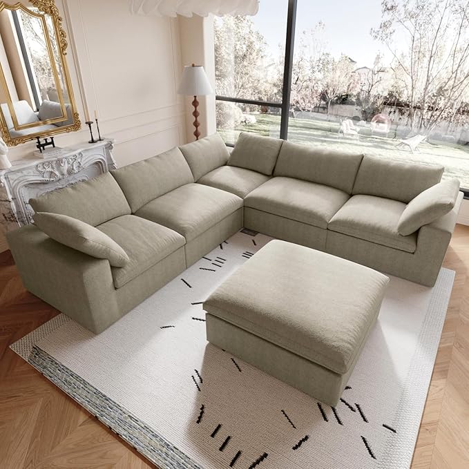 160.6'' Cloud Modular Sectional Sofa,Down Filled Comfort V Shaped Sofa Couch for Living Room,Minimalist Wide Deep Seat Convertible Couches for Office Apartment,4 Seater & 1 Corner+1 Ottoman (Khaki)