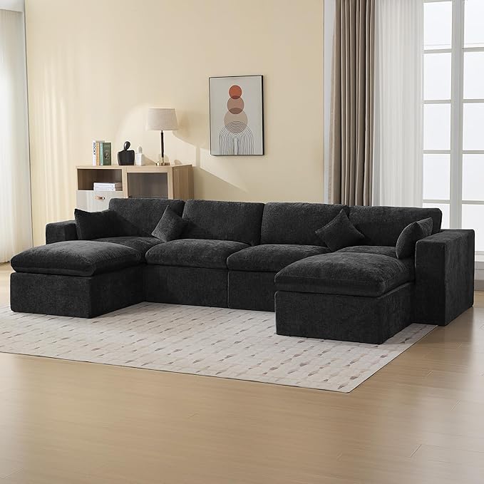 155''Cloud Boneless Modular Couch, Oversized Sectional Sofa Deep Seat with 2 Ottomans, Modern Upholstered Convertible U Shape Couch Comfy 6 Seater Chenille Sofa Couches for Living Room, Dark