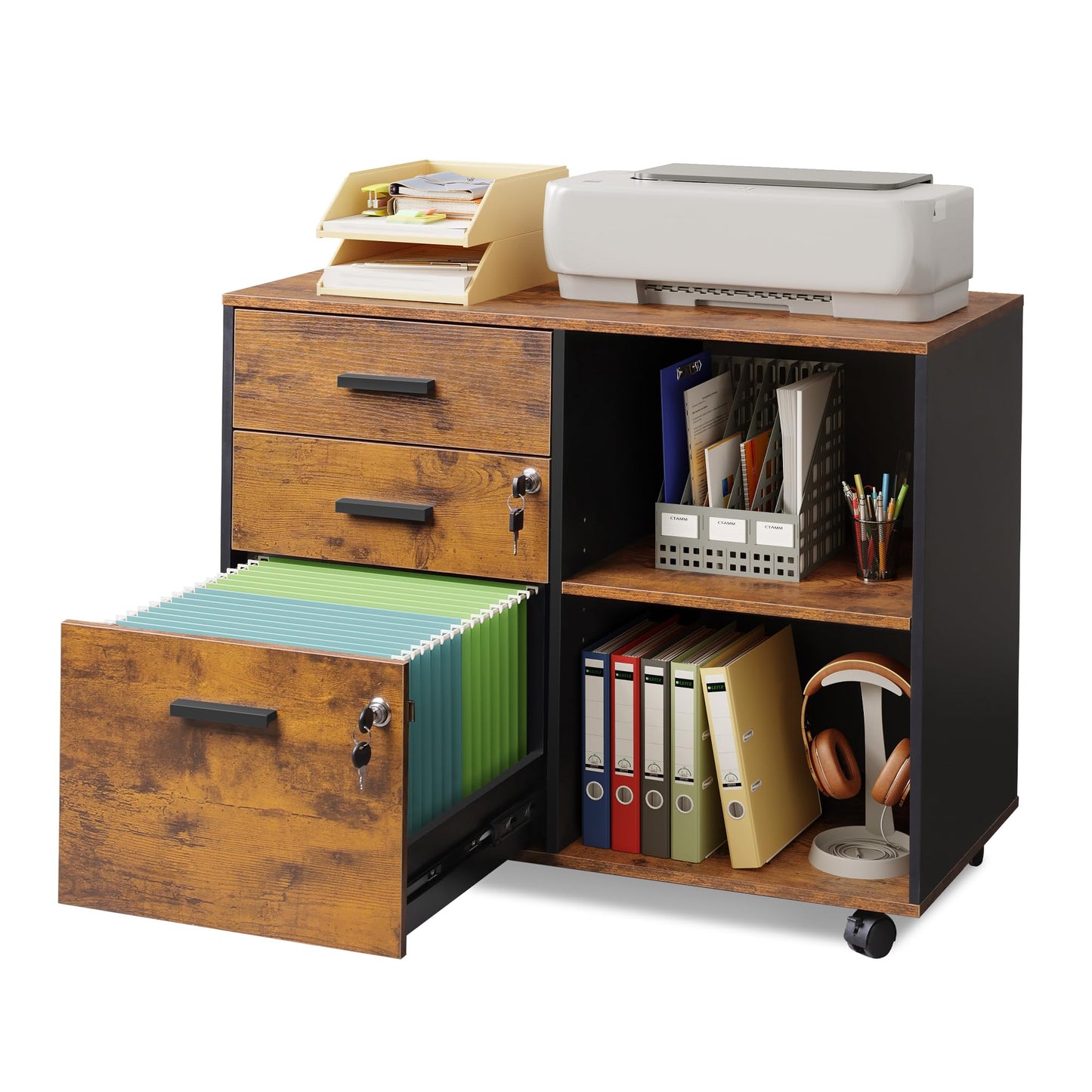 DEVAISE 3-Drawer Wood File Cabinet with Lock, Mobile Lateral Filing Cabinet, Printer Stand with Open Storage Shelves for Home Office, Rustic Brown