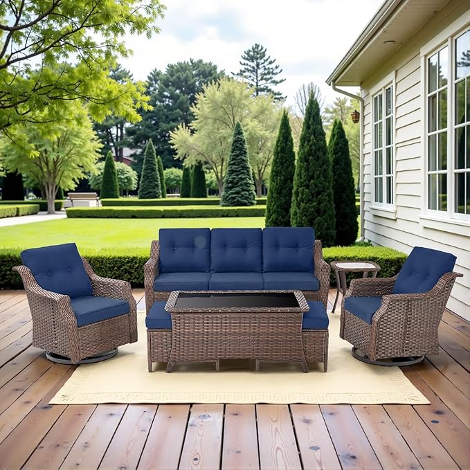 Belord 4" Thick Cushion Outdoor Swivel Rocker Patio Chairs Set of 2, Wicker 3 Piece Patio Furniture Set with Side Table and Comfort High Back Outdoor Patio Glider Chair - Brown Wicker/Blue Cushion