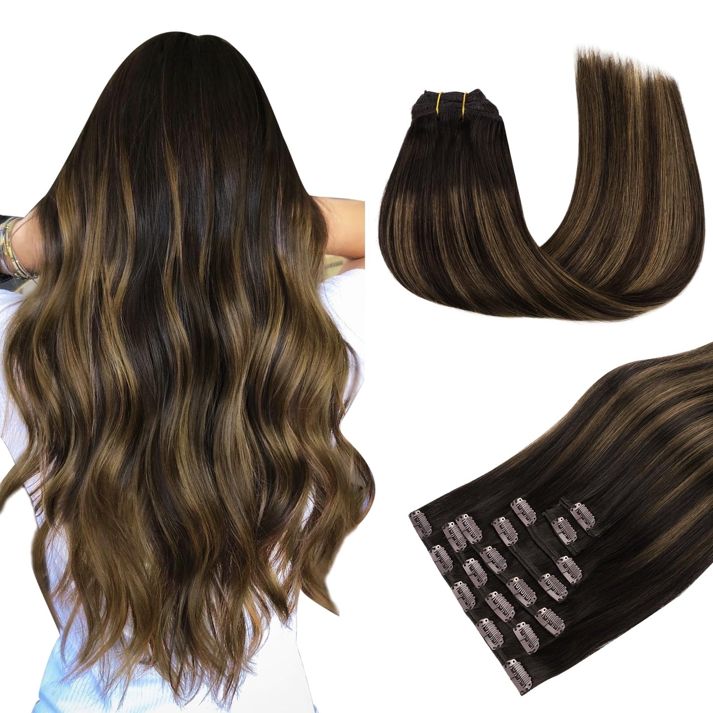 MAXITA Human Hair Clip in Extensions,120g 18 Inch 7pcs, Balayage Dark Brown Mixed Chestnut Brown Hair Extensions Clip in Human H