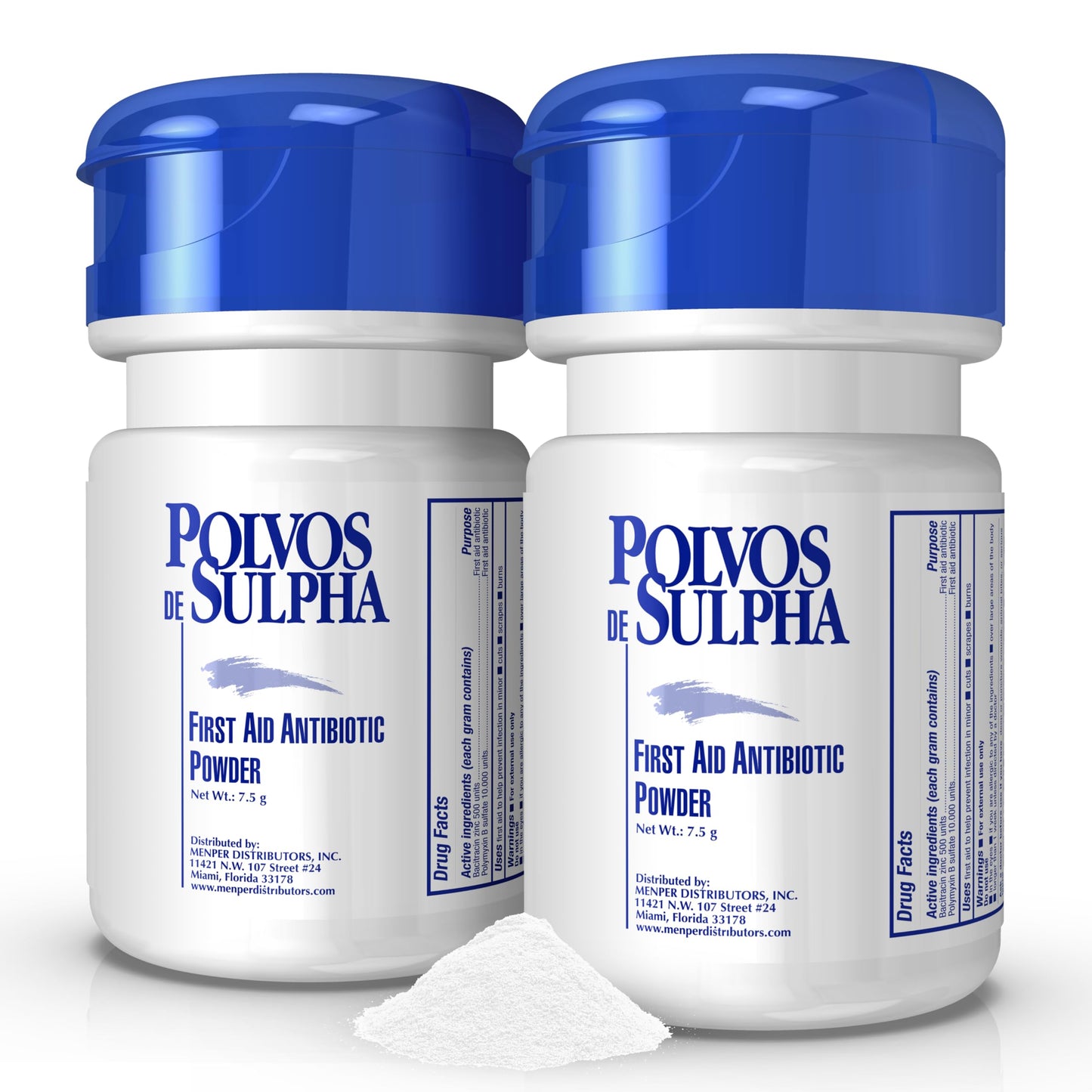 POLVOS DE SULPHA MENPER Antibiotic Powder with Bacitracin, First Aid Pain Relief, Healing Wound Seal Powder, Essential Wound Care Medicine for Travel, Effective Healing and Protection, 7.5g, 2-Pack
