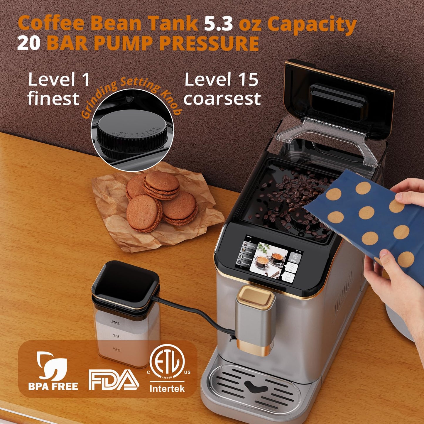 Garveehome Fully Automatic Espresso Coffee Machine with Milk Frother, 20 Bar Pressure, 15 Adjustable Grind Levels, 8 in-1 Coffee Maker with TFT Touchscreen, Removable Water Tank Cappuccino Latte Maker