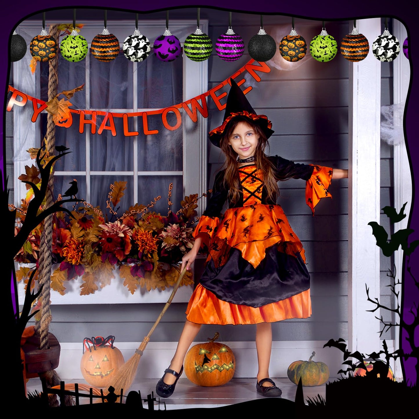 Zeyune 16 Pcs Halloween Ball Ornaments for Tree 2 Inch Halloween Tree Decorations Pumpkin Ghost Bat Spider Glitter Ornaments with Sequins for Holiday Party Hanging Decorations (Spooky Style)