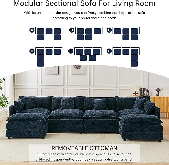 saows Modular Sectional Sofa, 147.2 Inch U Shaped Couch Set with Armrests, 4-Seater Comfy Cloud Couches with Movable Ottoman for Living Room Apartment, Blue