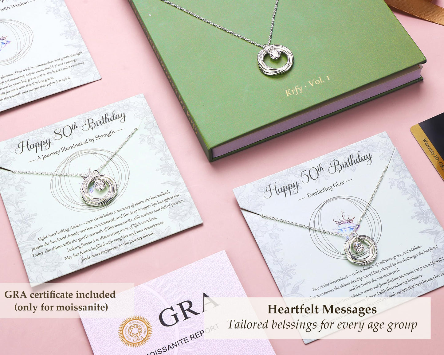 Krfy Birthday Gifts for Women Unique - 925 Sterling Silver Necklace with Moissanite 50th Birthday Gifts for Women 50 Years Old Birthday Card Present for Her Mom Wife Friend Female Turning 50s