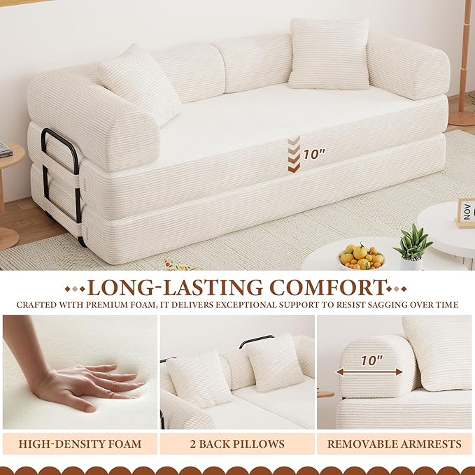 77" Convertible Sofa Bed, Modular Folding Futon Corduroy Floor Foam Compressed Loveseat Sleeper Sofa Couch, Pull Out Queen Size Couch Bed with 2 Pillows for Living Room Guest Room Studio, Beige