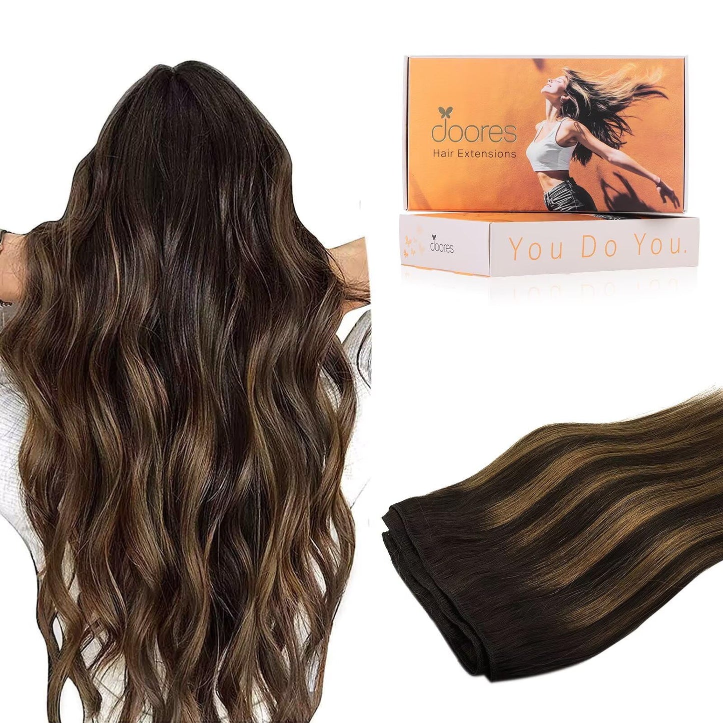 DOORES Sew in Hair Extensions 22 Inch 110g Balayage Dark Brown to Chestnut Brown, Remy Human Hair Extensions Sew in Full Head Lo