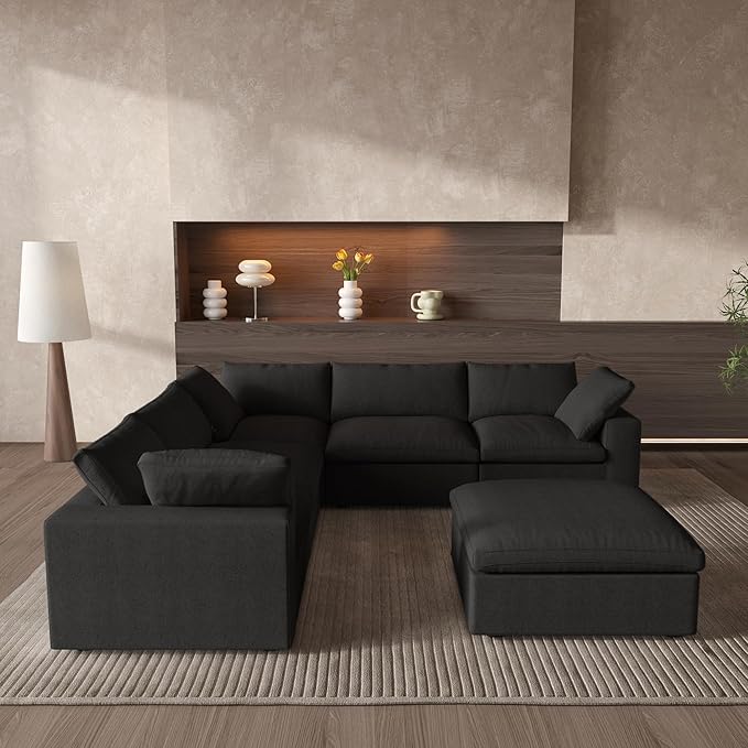 Cloud Couch Modular Sectional Sofa with Storage Ottomans,160.6" Down Filled 6 Seater Convertible Sectional Sofas,V Shaped Black Couch for Living Room,Covers Washable&Replaceable