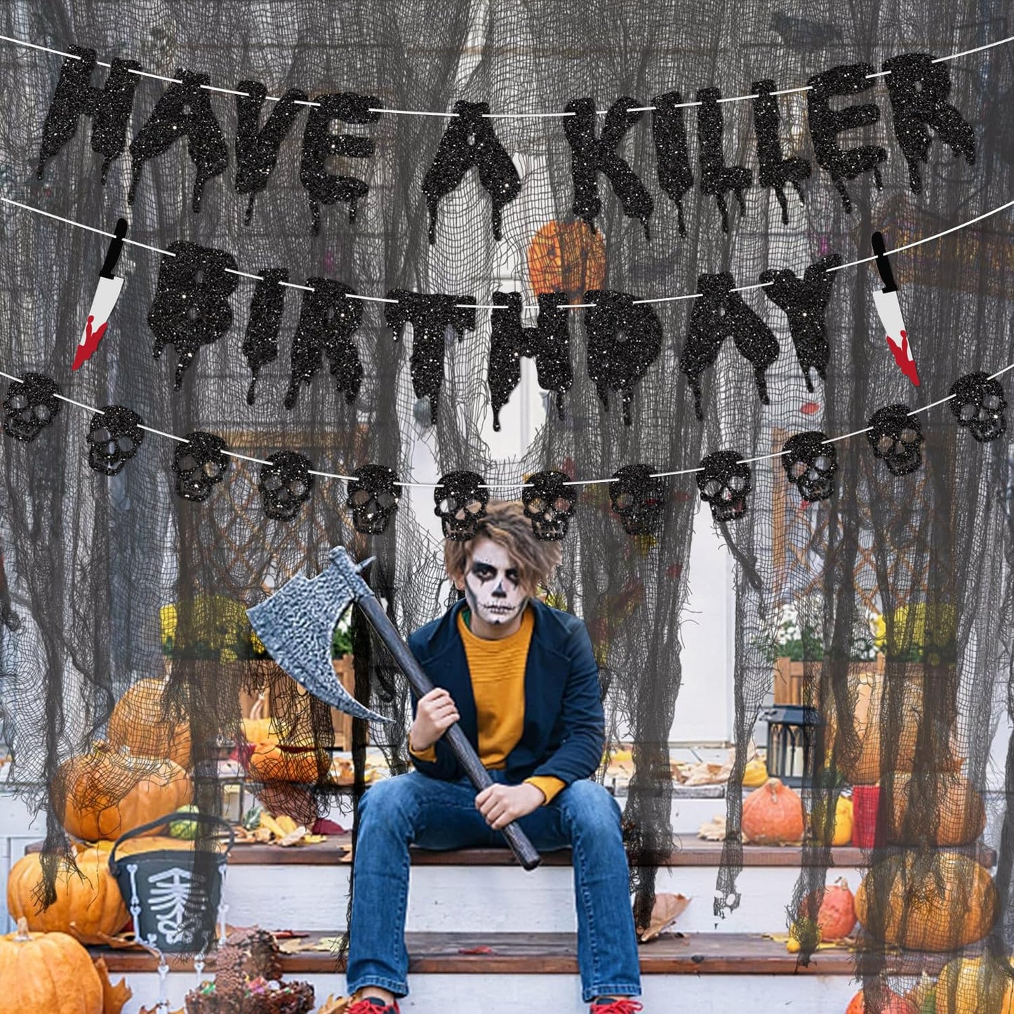 Glitter Have a Killer Birthday Decorations Banner Black Halloween Skull Banner Horror Movie Party for Halloween Haunted House Party Decorations Theme Baby Shower Supplies