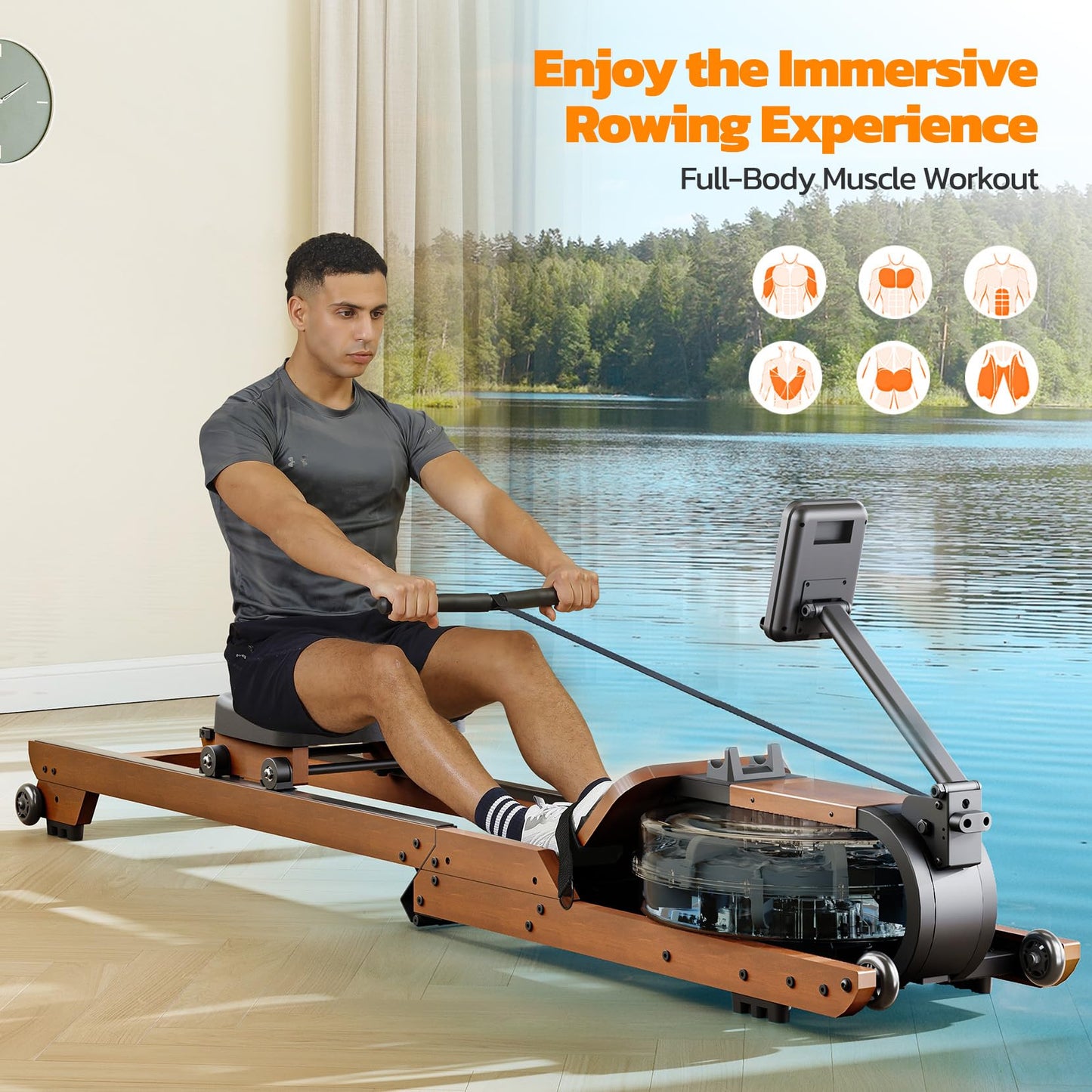 Dripex Rowing Machines for Home Foldable, Water Rowing Machine Max 400 LBS, Water Row Machine with Large LCD Monitor, Smooth Slide Rail, Bluetooth App Supported, Wooden Rower for Home Gym Exercise