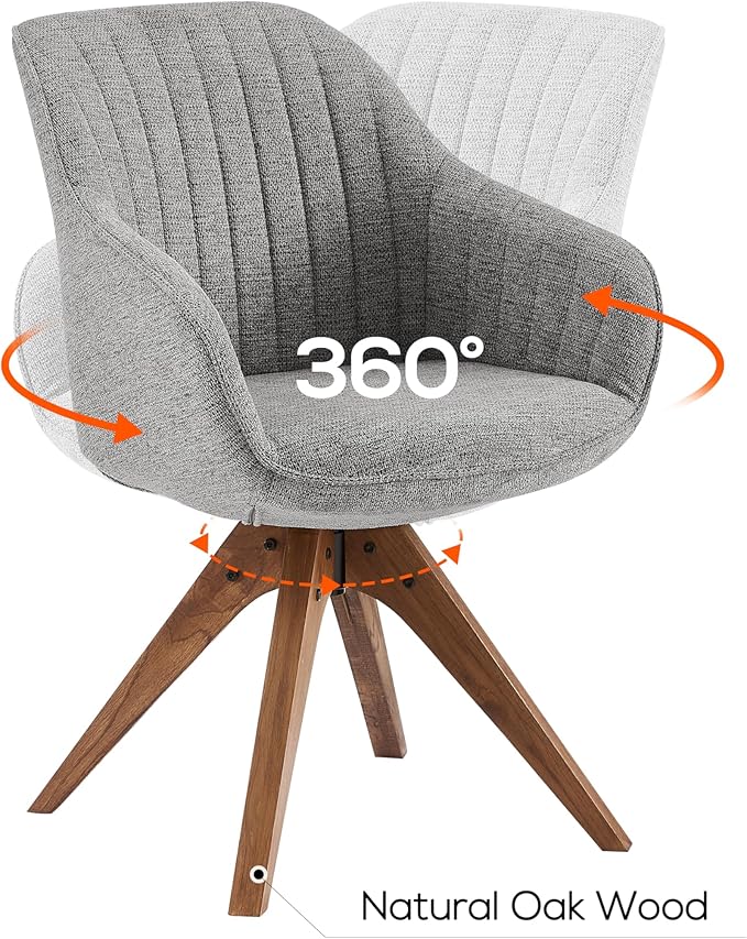 Art Leon Swivel Dining Chair - Mid Century Modern Fabric Upholstered Dining Room Chair with Wood Legs, Leisure Side Chair with Arms for Living Room, Gray