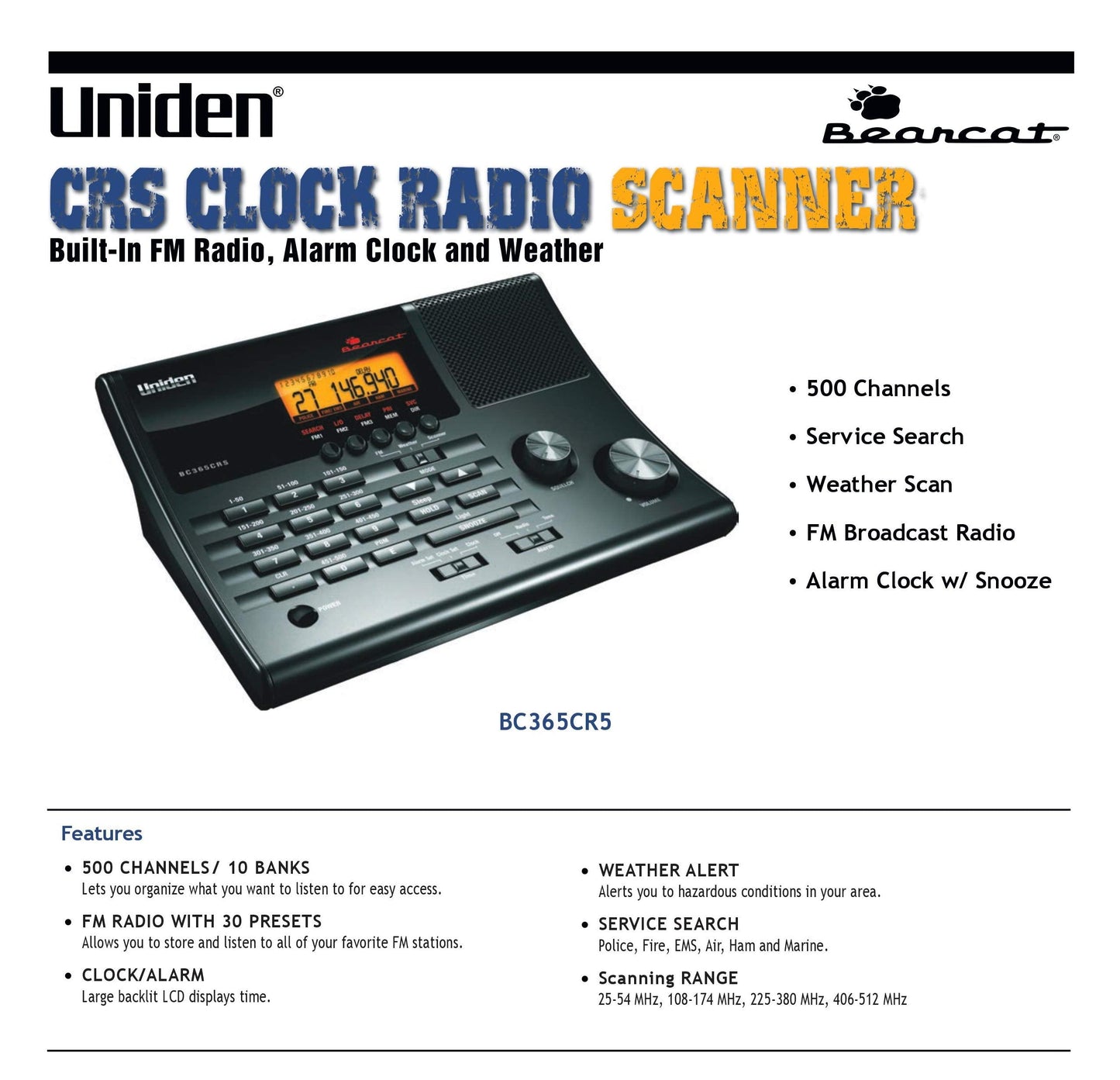 Uniden Bc365Crs 500 Channel Scanner And Alarm Clock, Snooze, Fm Radio, Weather Alerts, Search Bands Used For Aviation, Railroad,