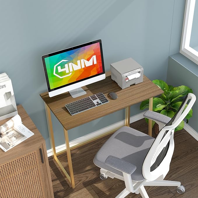 4NM 31.5" Small Folding Desk, Foldable Computer Home Office Desk, Study Writing Table for Small Space Saving Bedroom, Easy Assembly - Brown and Golden