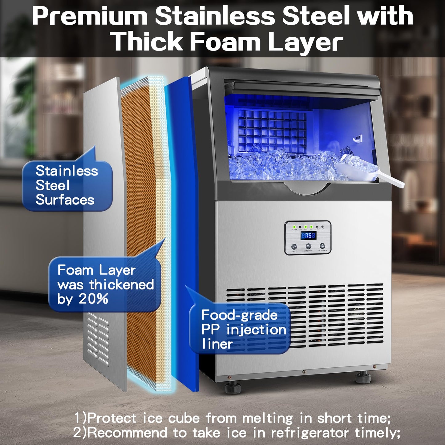 Amzgachfktch Commercial Ice Maker, 110lbs/24H Ice Maker Machine, Auto Self-Cleaning, LED Digital Display, Blue Light, Under Counter/Freestanding Ice Machine for Home/Office/Restaurant/Bar