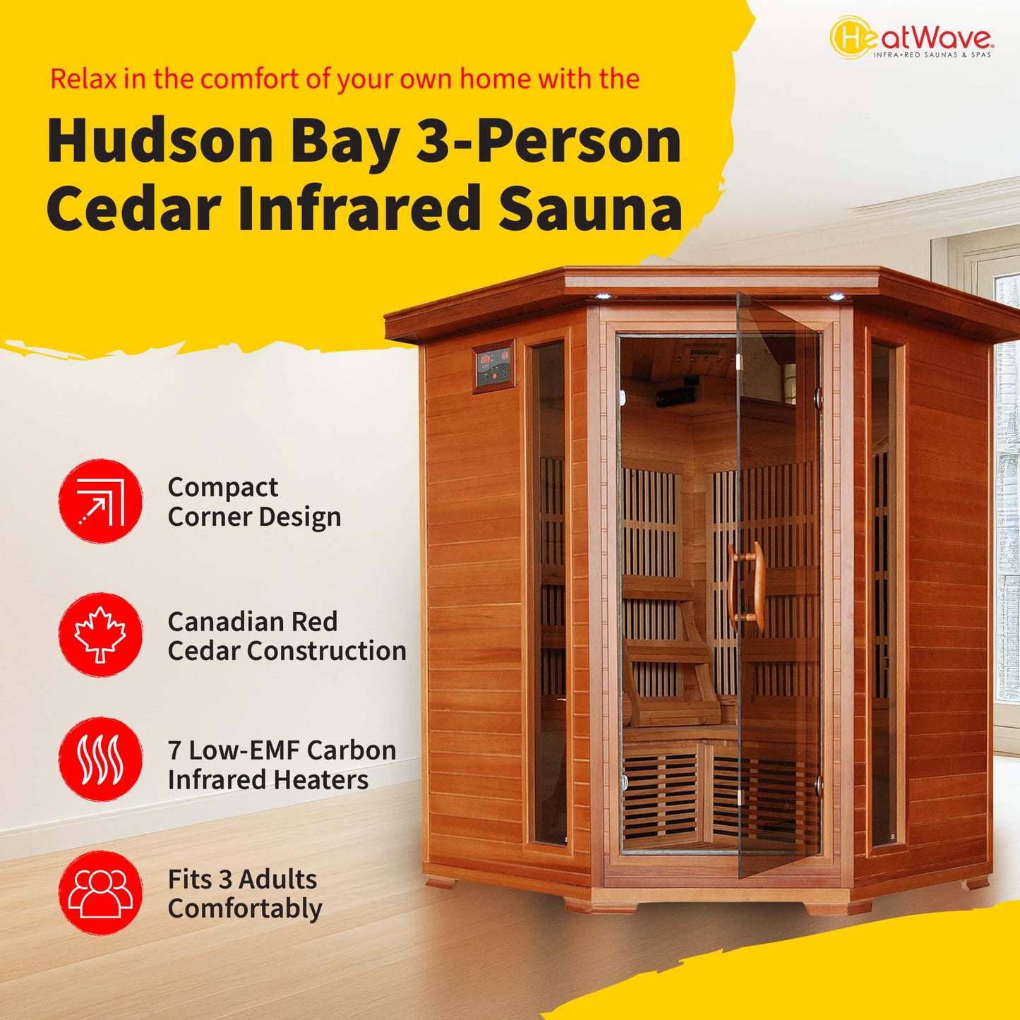 Blue Wave Hudson Bay 3-Person Cedar Corner Infrared Sauna with 7 Carbon Heaters