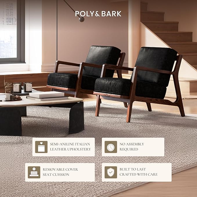 Poly & BARK Verity Leather Accent Chair – Armchair with Walnut Wood Frame – Fashion-Forward Lounge Seating for Living Room – Upholstered in Onyx Black Leather for Modern Style