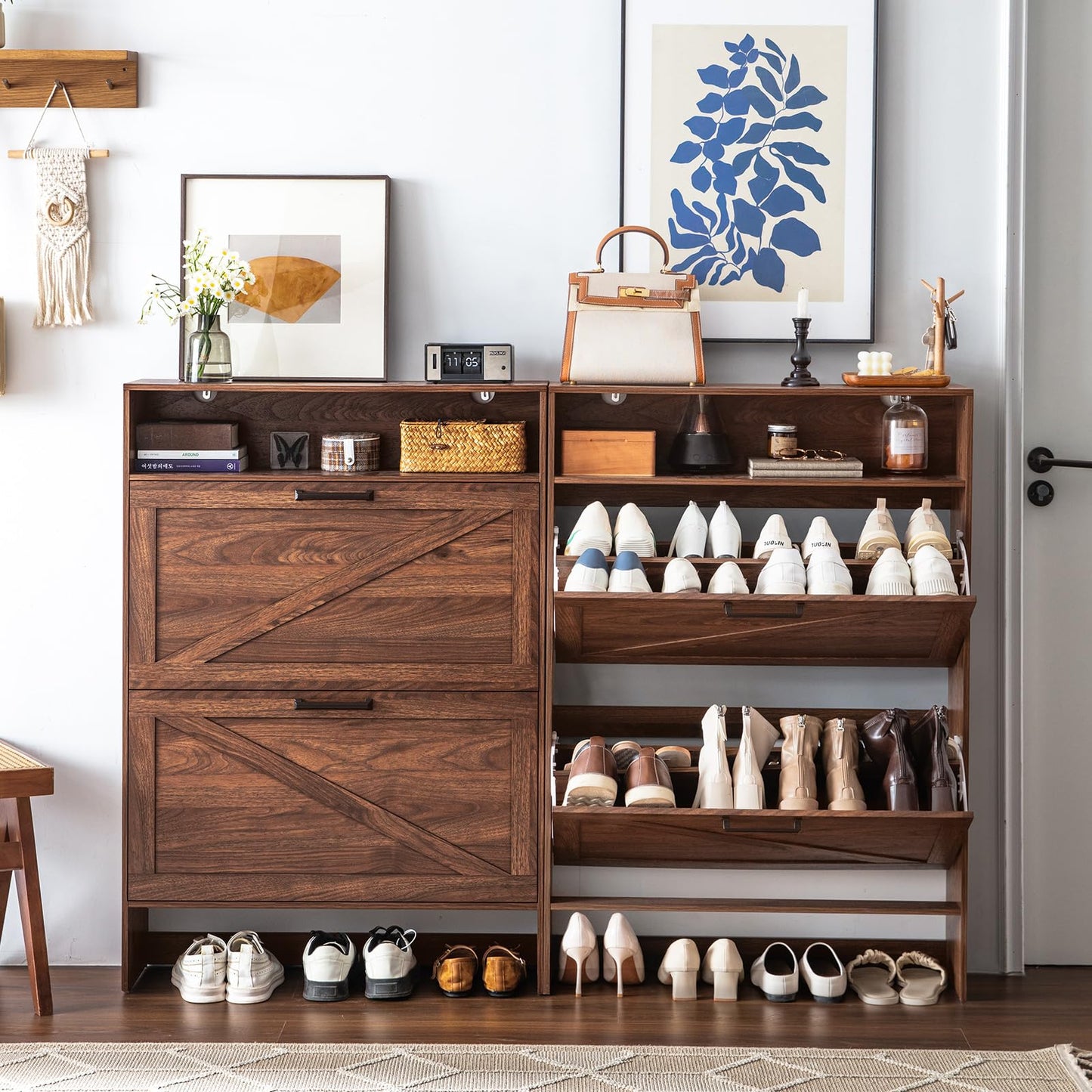 RWYHG Shoe Storage Cabinet with 2 Flip Drawers,Farmhouse Narrow Shoe Organizer with Legs,Freestanding Hidden Slim Shoe Rack Cabinet with Open Storage for Entryway,Hallway, Foyer, Rustic Brown