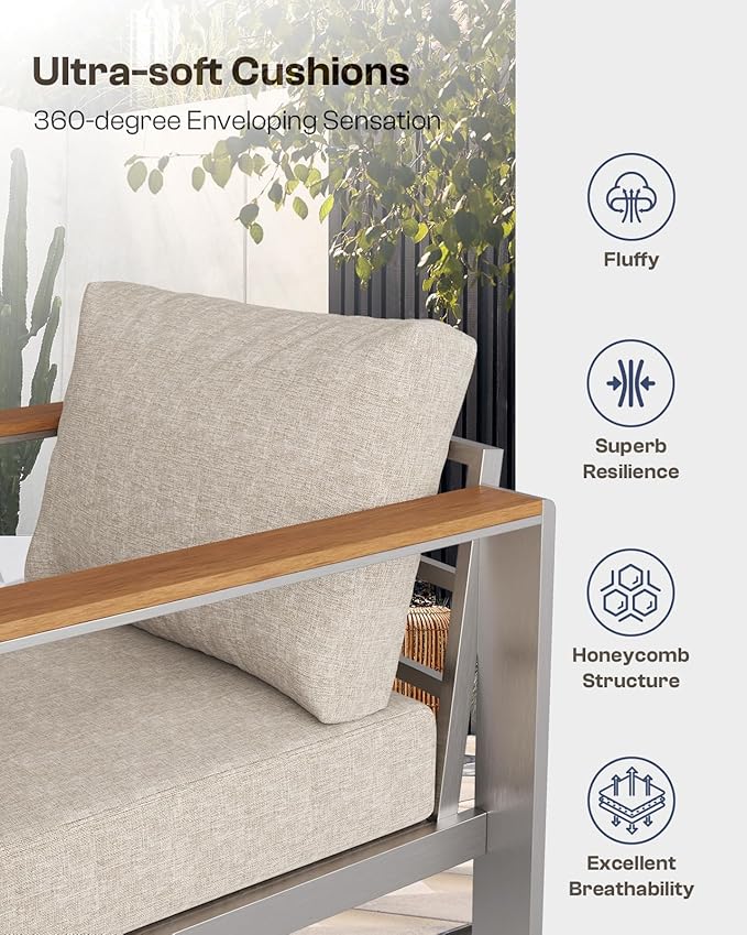 Oasbira Aluminum Outdoor Patio Furniture Loveseat, All-Weather Outdoor Patio Sofa with Washable Thick Cushion, Patio Sofa Couch for Porch, Balcony, Deck, Yard, Silver