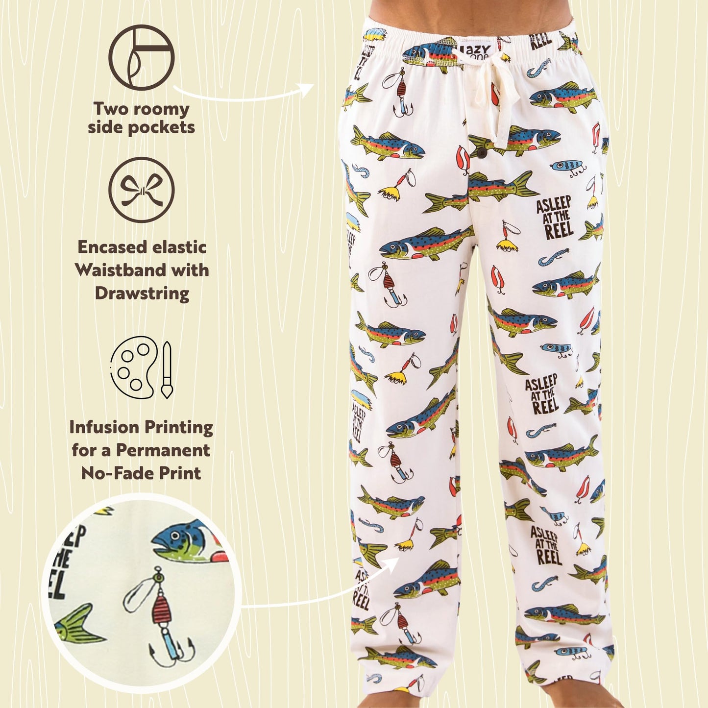 Lazy One Funny Ocean Pajama Pants For Men, Men's Separate Bottoms, Lounge Pants, Fishing, Outdoors (Asleep At The Reel, MEDIUM)