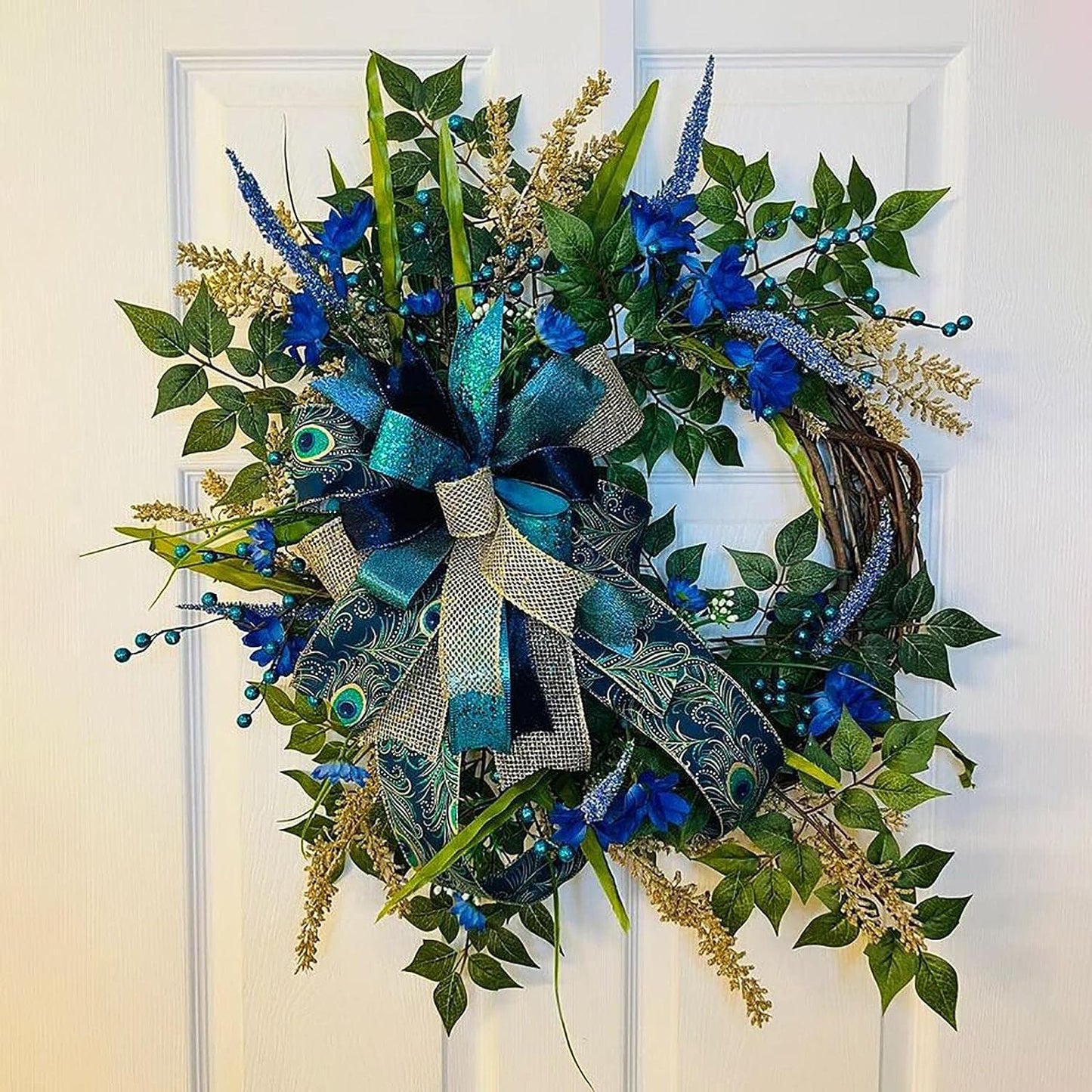 Peacock Wreath Artificial Flower Wreath with Bowknot Festival Hanging Garland Simulation Garland for Xmas Halloween Holiday Door Decor 18inch