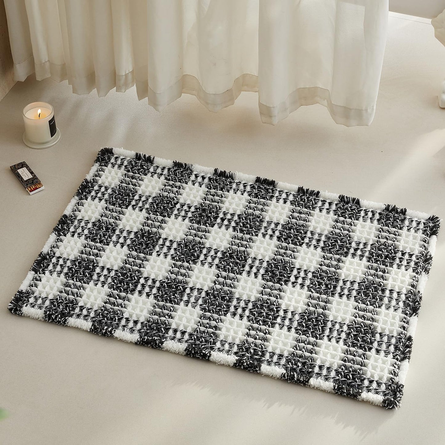 Waffle Bath Mat, Boho Bathroom Rugs Non Slip Washable Absorbent Checkered Bathroom Mat Quick Dry Farmhouse Bathroom Decor, 30"x20" Black and White