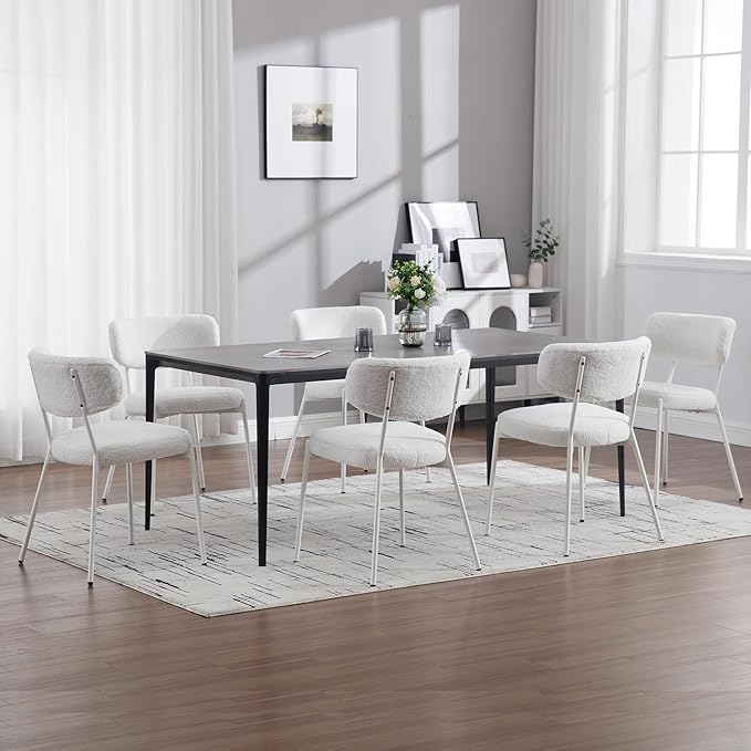 KCC Boucle Dining Chairs Set of 6, Modern Mid-Century Upholstered Stylish Kitchen Chairs Sherpa Accent Diner Chairs with Metal Legs and Curved Back for Kitchen, Dining Room(White)