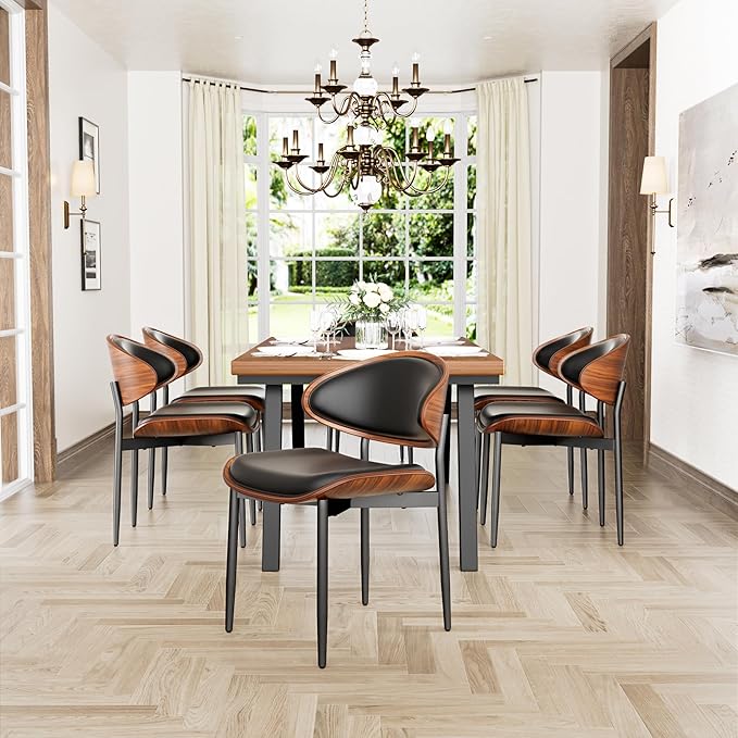 YaFiti Dining Chairs Set of 2, Dining Room and Kitchen Chairs, Mid Century Modern Retro Chair, Upholstered PU Leather Chairs for Vanity with Walnut Bentwood and Metal Legs (Black)