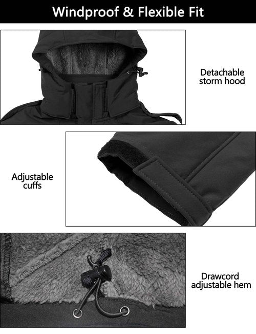 Little Donkey Andy Men's Warm Winter Softshell Jacket Ski Snow Windproof Fishing Coat with Removable Hood Black L