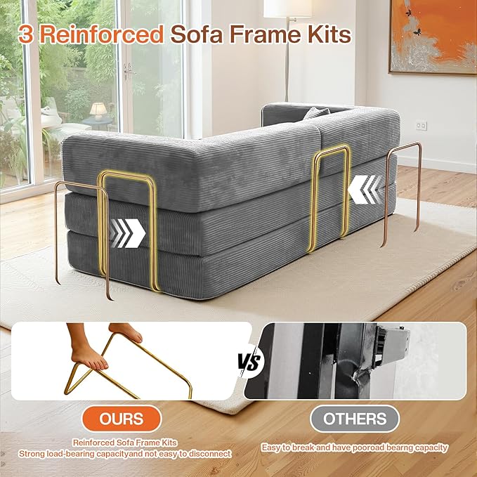 Kelyda 79 Inch Convertible Sofa Bed Couch in Box, 5 in 1 Folding Modular Boneless Couch with Pull Out Bed 2 Pillows, Soft Corduroy Floor Futon Lounge Loveseat Sleeper Lazy Cama No Assembly Light Grey