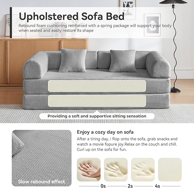ZQRhome 79" 5-in-1 Convertible Sofa Bed, Deluxe Sleeper with Pillows & Sturdy Base, Easy Setup Corduroy Couch for Modern Living Space & Small Apartment, Light Gray
