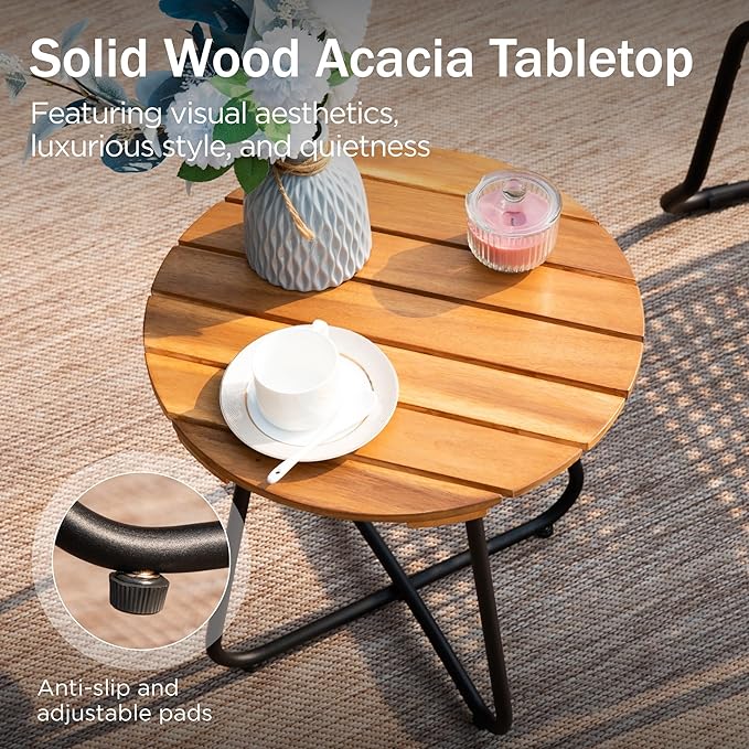 PHI VILLA 3 Pieces Outdoor Wicker Bistro Set for 2, Stackable Rattan Chairs & Acacia Wood Round End Table, Small Teak Conversation Furniture Set for Patio, Deck, Yard, Porch, Balcony