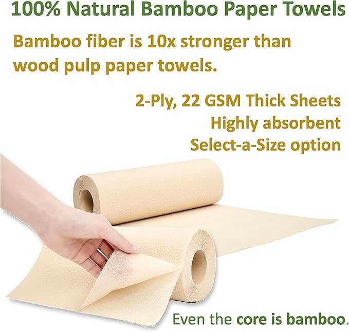 100% Bamboo Paper Towels, Tree-Free, Chemical-Free, Lint-Free, Durable, Absorbent, Select-a-Size 2-Ply, 90 Sheets Per Roll. (PT 18 Rolls)