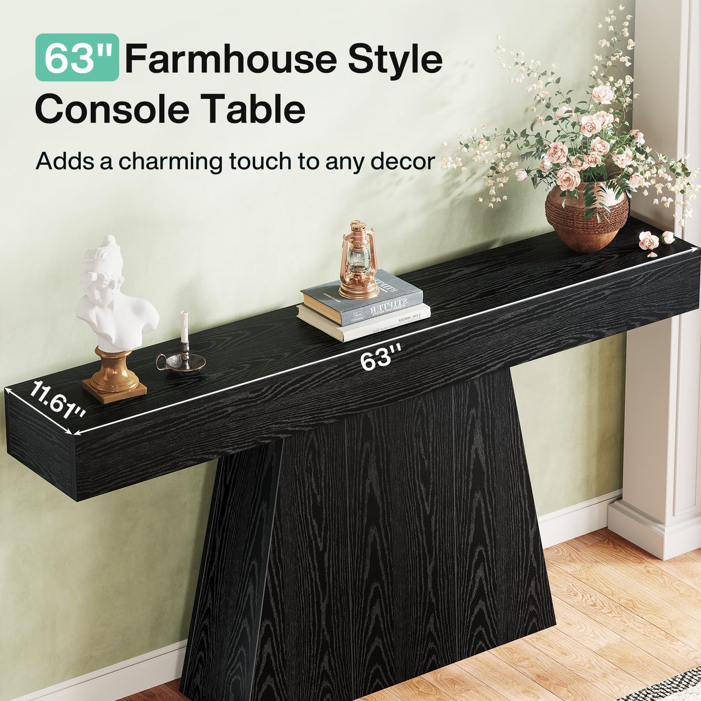 Tribesigns 63" Black Console Table, Farmhouse Entryway Table with Trapezoidal Base, Narrow Long Sofa Table Behind Couch Table for Entrance, Hallway, Living Room, Black