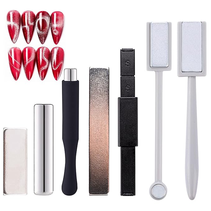 JERCLITY 7 Pcs Cat Eye Magnet for Nails Double-Head Nail Magnetic Stick Multi-Function Magnet Board Square Thickened Cat Eye Strong Magnet Plate Nail Magnet Tool Set for Cat Eye Gel Polish Nail Art
