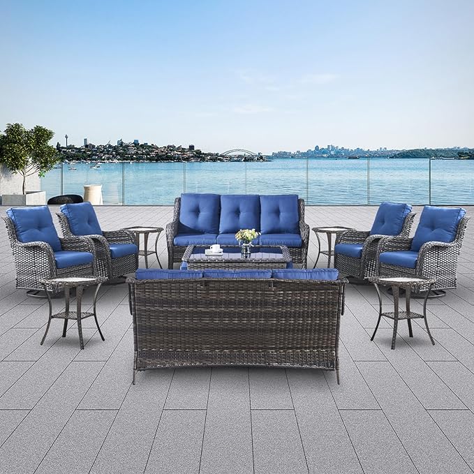 Belord Wicker Patio Furniture Sets - 13 Piece Outdoor Rattan Furniture Conversation Sets with 4 Swivel Rocker Chairs, 2 Rattan Sofas, Wicker Ottomans and Coffee Table, Mixed Grey/Blue