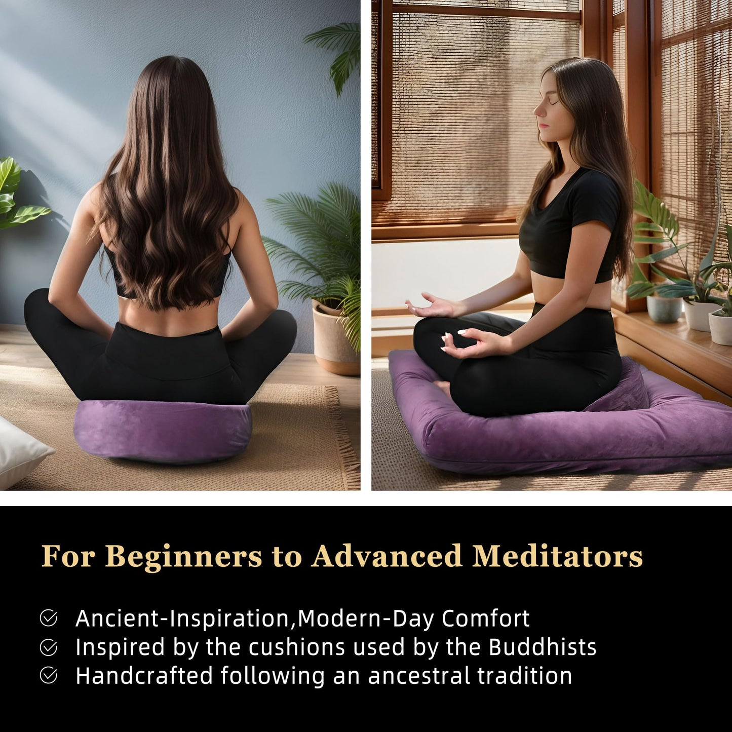 hunnidspace Meditation Zafu Cushion Set with Buckwheat Hulls & Memory Foam - Ergonomic Support for Yoga & Sitting - Removable Machine-Washable Luxury Velvet Cover - for Adults and Kids (Purple)