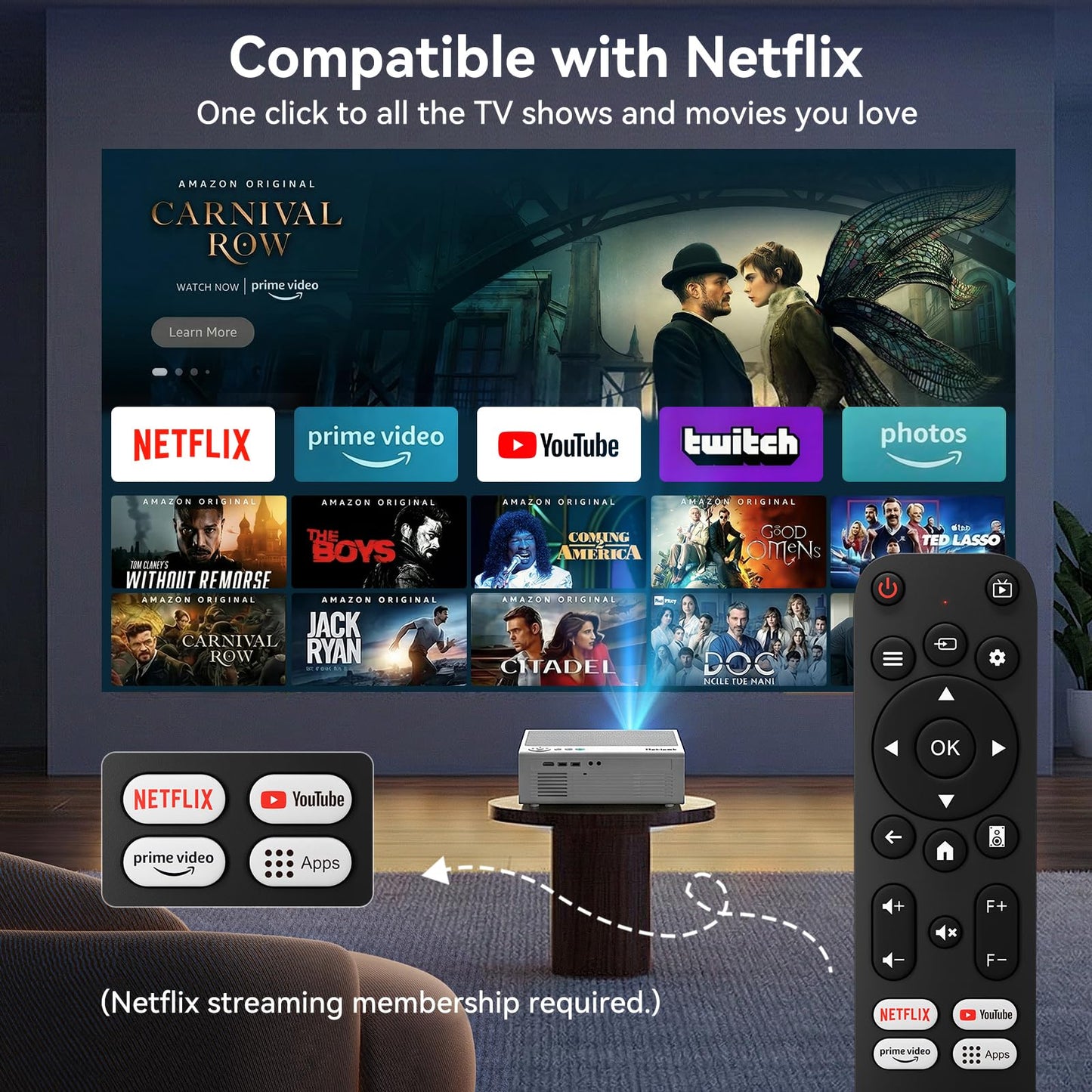 【Officially-Licensed APP & 1800 ANSI】Smart Projector with WiFi and Bluetooth, Pericat 4K Support Portable Outdoor Movie Bluetooth Proyector, Native 1080P Projector for Bedroom/ Home / Wall /Ceilling