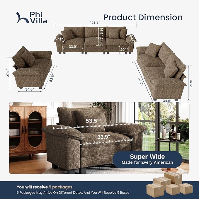 PHI VILLA Cloud Modular Couches Sets, 3 Pieces Large Sectional Sofa Set with Loveseats & Single Sofa, 6-Seater Upholstered Couch for Living Room, Chenille Fabric, Taupe