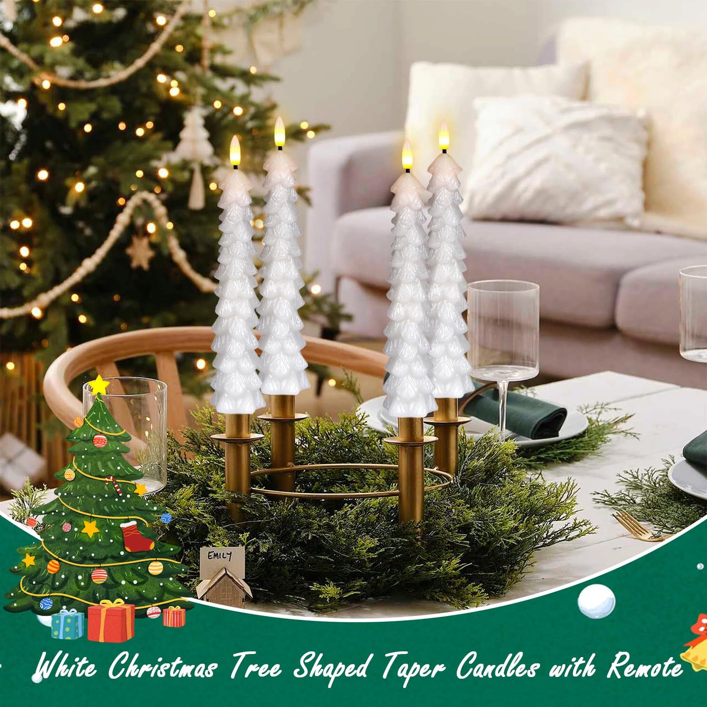KunSwenn Christmas Tree Candles Battery Operated with Remote, Waxy White Christmas Flameless Tree Taper Candles with Flickering Flame, Set of 3 Winter LED Candlesticks for Xmas Home Decor(0.78”x9.8”)